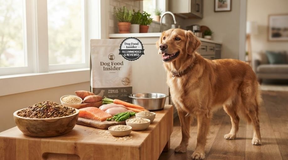 A happy Golden Retriever standing in a sunlit kitchen next to a bowl of high-quality dry dog food, fresh whole ingredients like salmon, chicken, sweet potatoes, and oatmeal, and a Dog Food Insider brand seal.