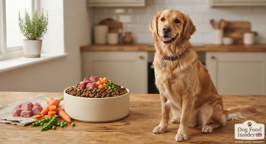 A happy Golden Retriever sitting next to a bowl of high-quality kibble topped with fresh meat chunks, carrots, and green peas on a wooden kitchen counter.